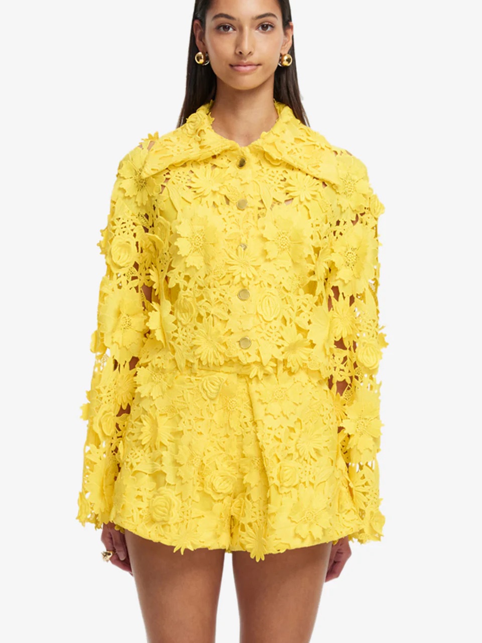 Yellow Floral Lace Jacket And Shorts Set